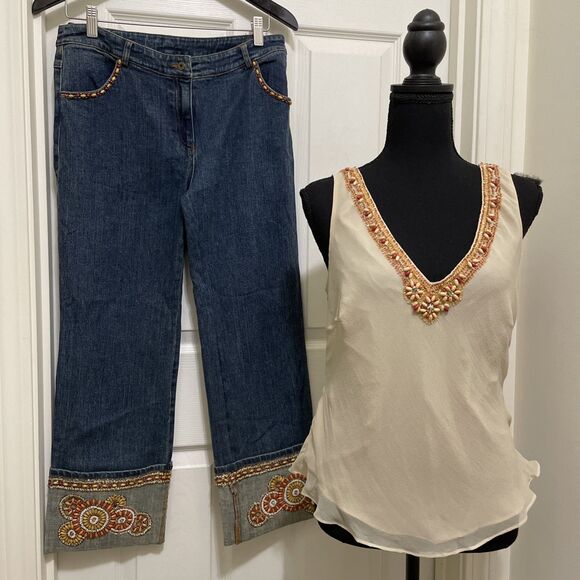 Vintage Cache Beaded Set Jeans Sz 8 Tank L NWT 90s Y2K Glam Denim Festival Rare - Picture 1 of 16